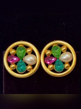 Signed Givenchy Mogul Gripoix Cabochon Pearl Clip Earrings Vintage 80s Runway